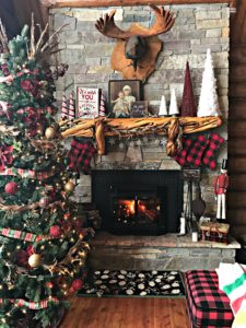 Christmas Mantle, Log Cabin, Cabin, Buffalo Plaid, Rustic Christmas, Stone Fireplace