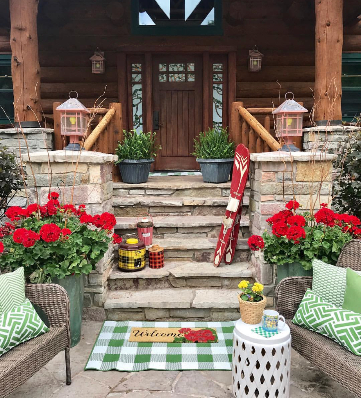 Summer decor, front porch, curb appeal, geraniums, cottage, log cabin