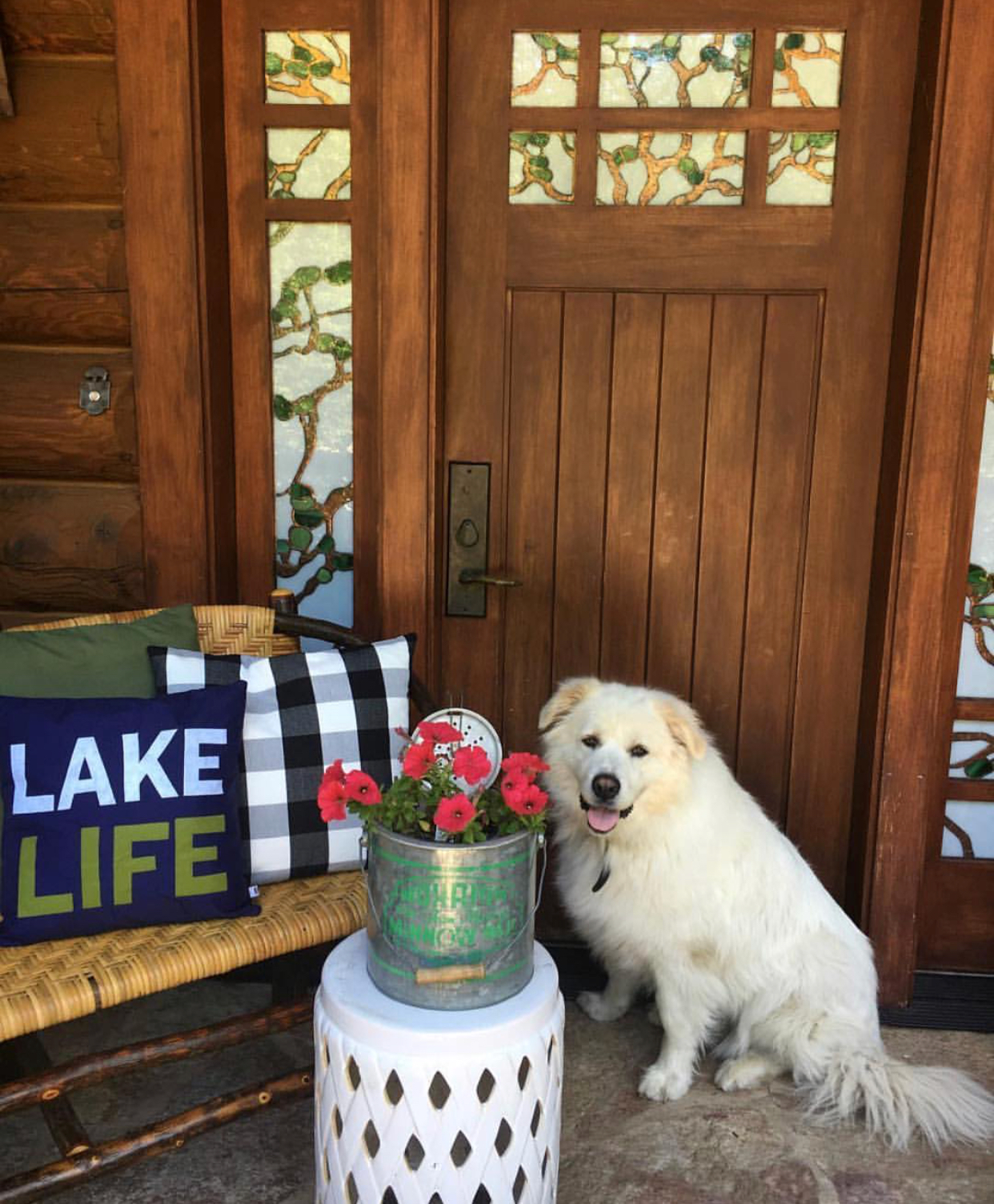 great pyrenees, lake house, buffalo plaid, log cabin, cottage, stain glass