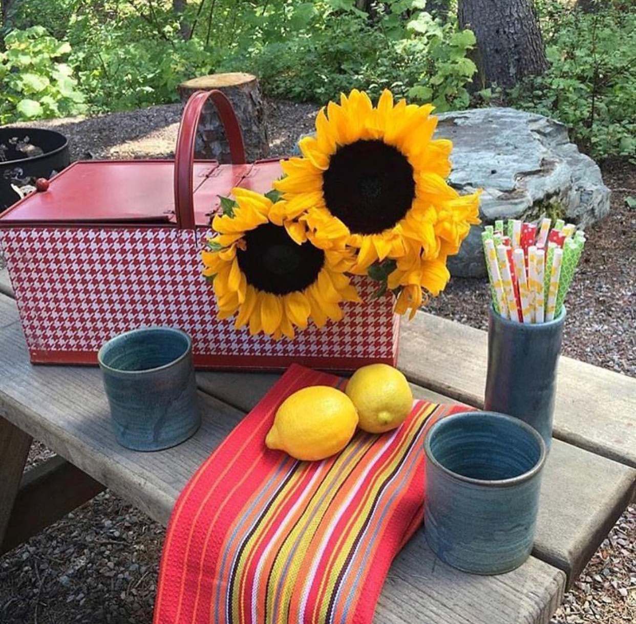 summer decor, sunflowers, lemons, vintage picnic basket