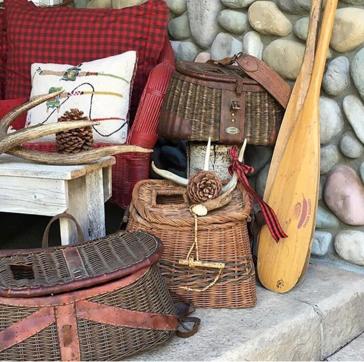 fishing creels, paddle, cabin, cottage, rustic decor