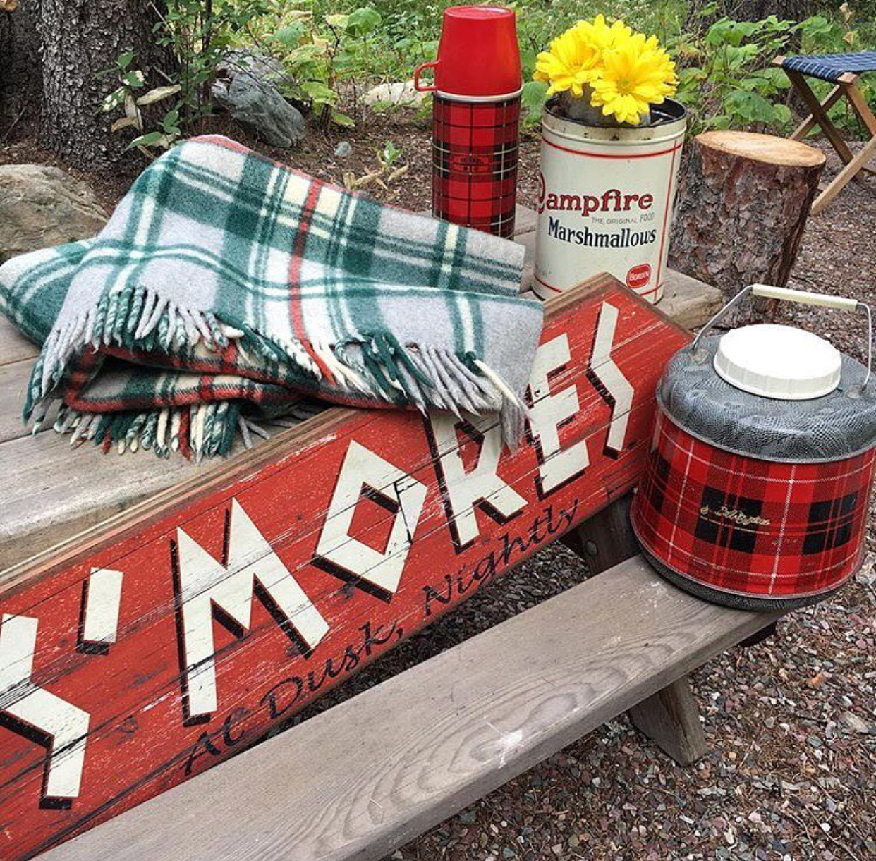 s'mores, cabin, camp fire, thermos, plaid