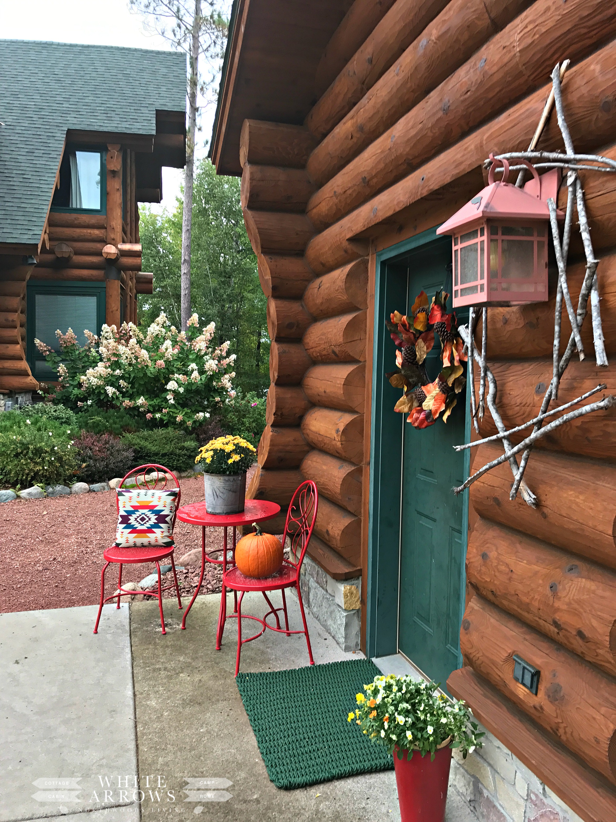 Fall Outdoor Decor, Log Cabin ~ White Arrows Home
