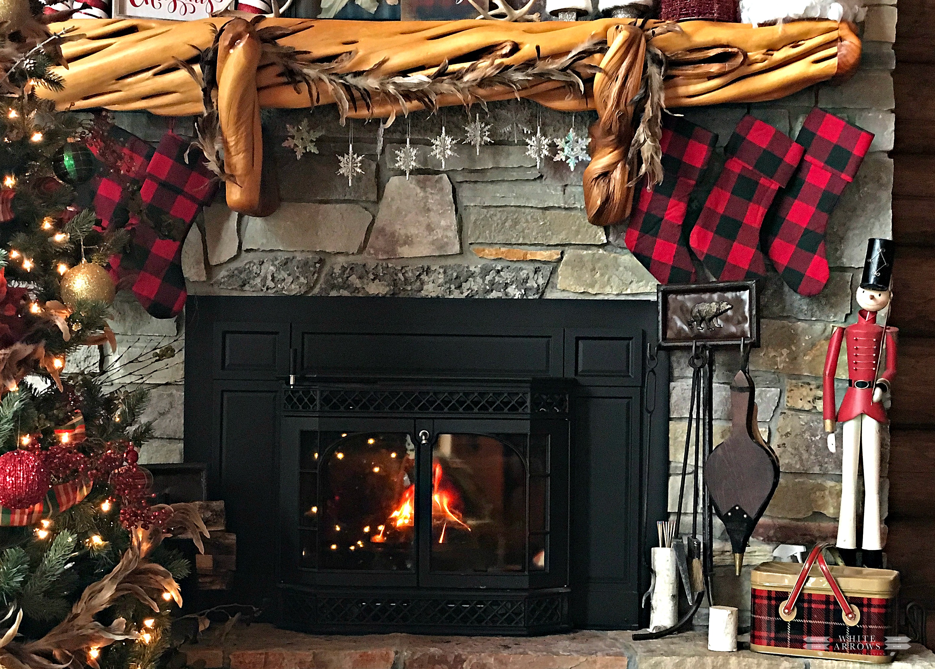 Christmas Mantle Snowflakes Buffalo Plaid White Arrows Home Christmas Mantle Snowflakes Buffalo